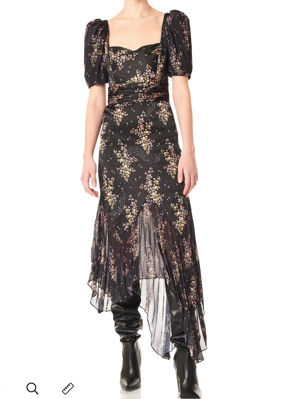 AMUR Destiny Dress Size 4 Black Floral Asymmetrical Midi Puff Sleeve 100% Silk